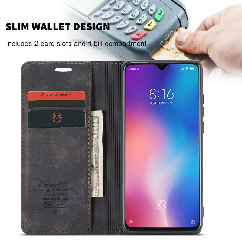 Магнитный кожаный чехол книжка с бумажником для Redmi Note 8 Pro держателем карт полным