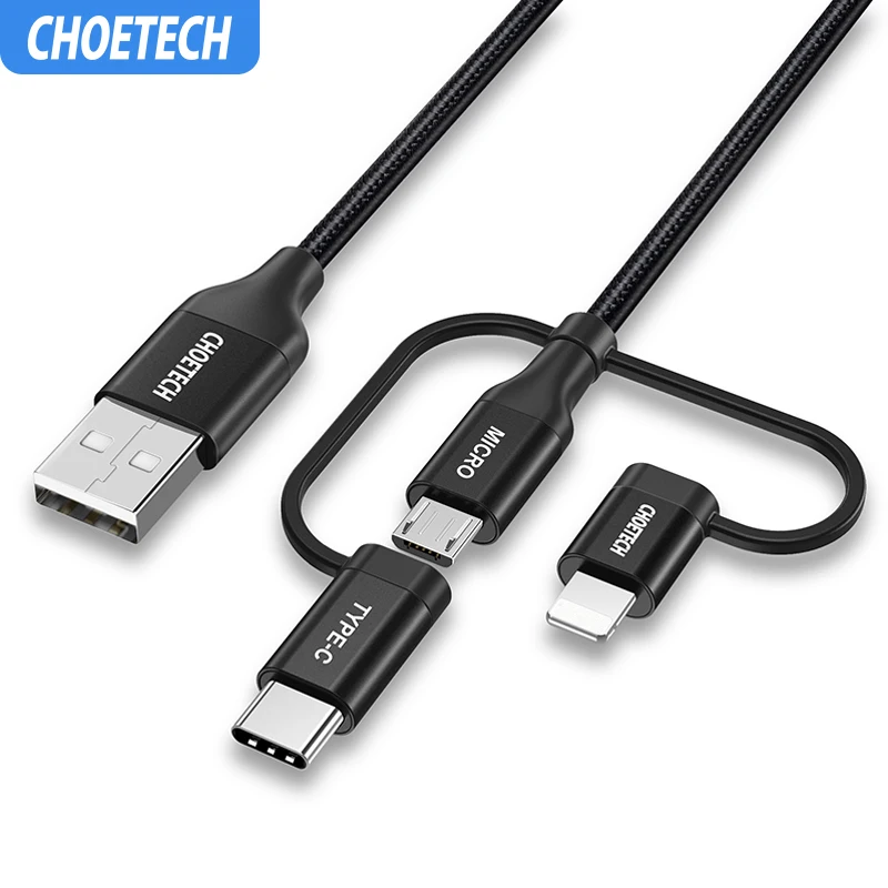 CHOETECH 3 в 1 Android Мобильный USB кабель для передачи данных для iPhone Micro usb type C зарядный кабель для Xiaomi MI8 samsung провод для быстрой зарядки