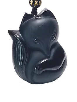 

LETSFUN AAA Natural Obsidian Carved Cute Fox Frosted Pendant Nekclace