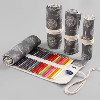 

50pcs School Roll Pencil Case 24/36/48/72 Holes Canvas Gray Roll Pencilcase Leaf for Children Large Pen Bag Stationery Pouch