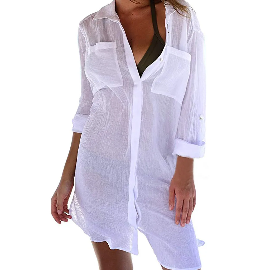 Women Beach Cover Up Button Down Pocket Shirts Sunscreen Bikini Swimsuit Blouse майка женская women haut femme#4