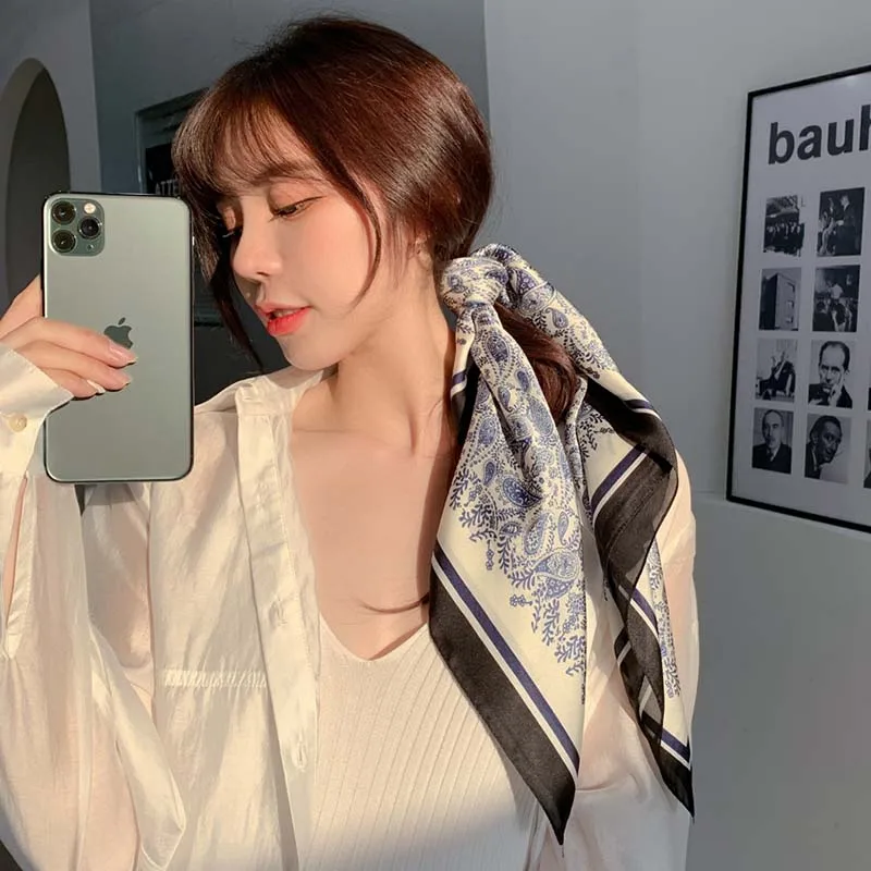 

French Square Silk Scarf Women Print Neck Hair Scarf Office Lady Hair Band Foulard Handkerchief Female Bandana Shawl Hair Scarf