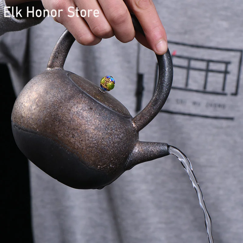 

600ml Retro Large Capacity Ceramic Loop-handled Teapot Beautiful Jade Button Pottery Teakettle Kung Fu Teaware Gift Packaging