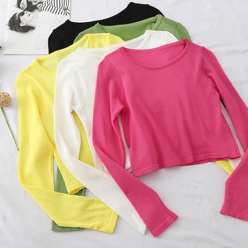 

Heliar Autumn Long sleeve Sweater Slim Short Belly Button Collar Sets of Pure-color Blouse crop sweater women 2019
