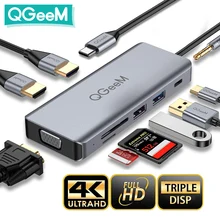 QGeeM USB C Hub Macbook Pro Air Xiaomi için Çift HDMI VGA SD Mikro SD Kart Okuyucular Aux PD Şarj Cihazı Çoklu OTG USB Hub 3.0 Tip C Dock Adaptörü Splitter Dizüstü Bilgisayarlar Tabletler Bilgisayar PC Aksesuarları