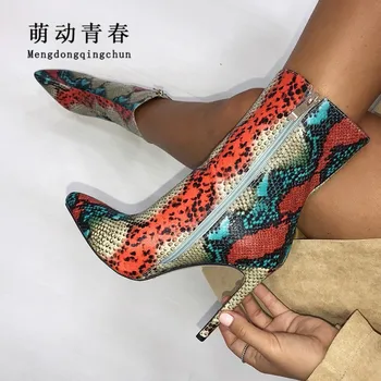 

35-42 Big Size High Heeled Boots Women Multicolor Snake Print Ankle Boots Pumps Pointed Toe Party Winter Botas Zapatos Mujer