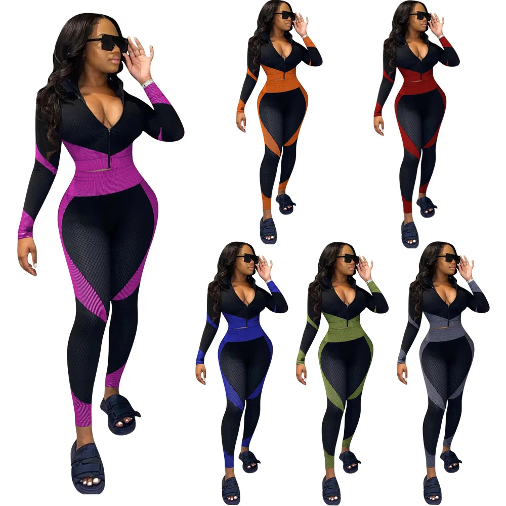 

2 Piece Outfit for Women Tracksuit Sweat Suit Jogging Femme Zipper V Neck Top Pencil Leggings Set Fitness Chandal Mujer