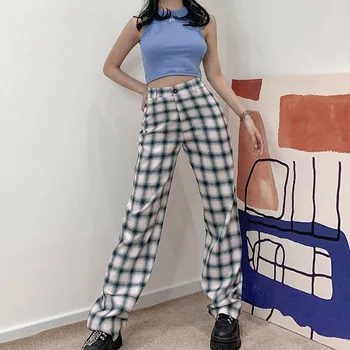 

NCLAGEN Fashion Plaid Vintage Pants Streetwear High Waist Straight Sweatpants Women Office Casual Outfit Female Trousers Clothes