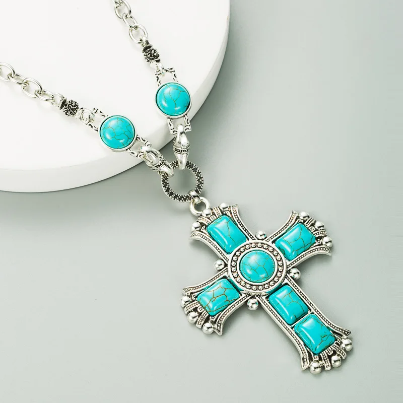 

Silver Big Cross Pendant Green Black Stone Long Chain Necklace For Women Vintage Jewelry
