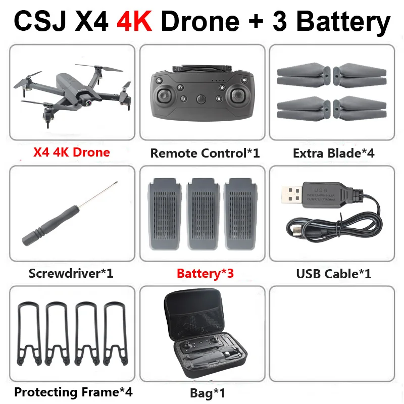 CSJ X4 Foldable Profissional Drone with 4K HD Camera WiFi FPV Optical Flow RC Helicopter Quadrocopter Kid Toy VS SG106 E520 GD89 - Цвет: X4 4K 3B Bag