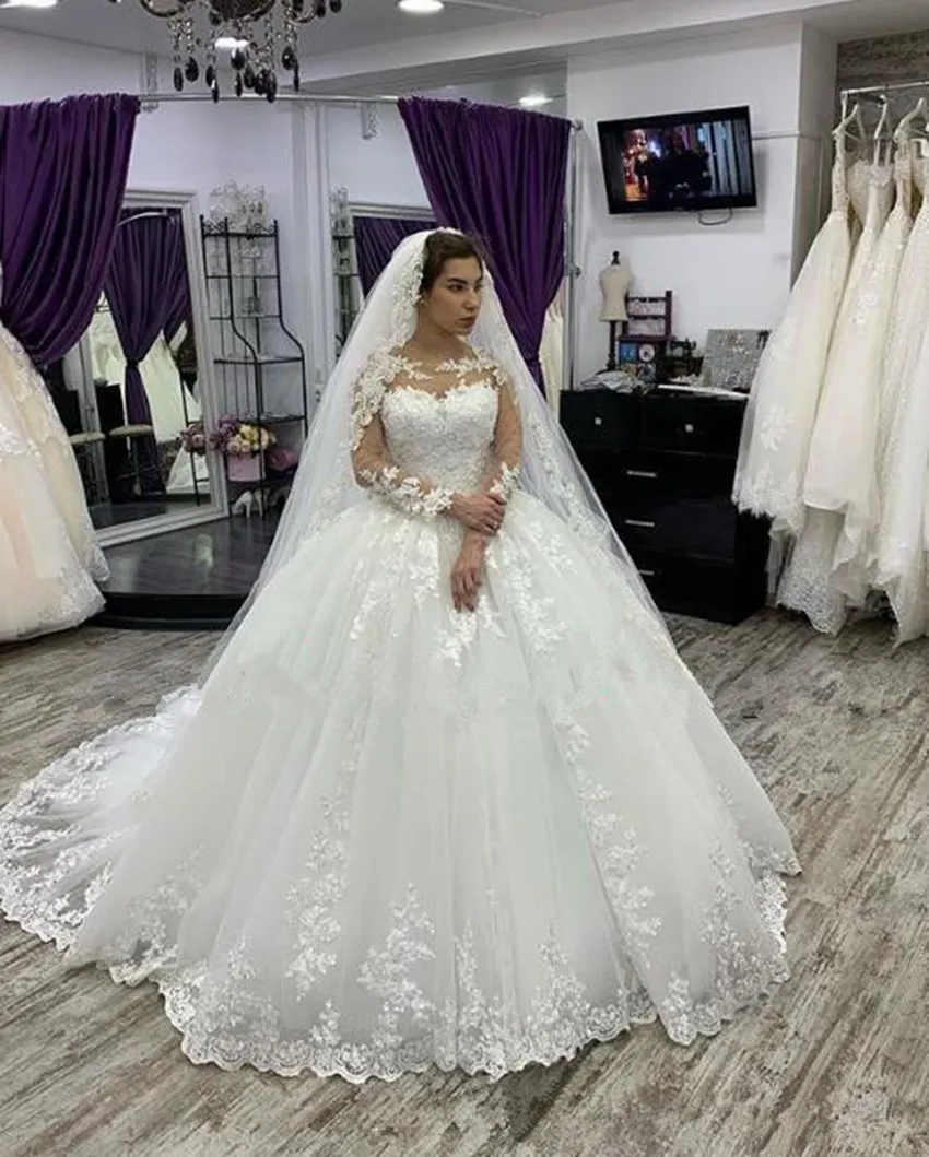 Воротник Sheer Jewel бальное платье свадебное платье с иллюзией длинный рукав юбка развертки поезд размера плюс свадебное платье Vestido De Noiva