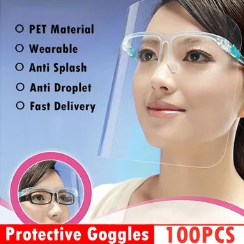 

100pcs PET Chemical Protective GogglesWearable Eyes Protector Visor Protective Face Shield With Glass Holder Full Face Cover
