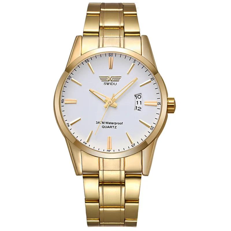 Мужские часы с золотым стальным ремешком, светящиеся часы с календарем, Роскошные Кварцевые часы из сплава и нержавеющей стали, модные и повседневные мужские подарки