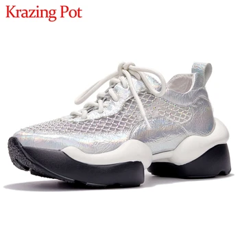 

Krazing pot plus size leisure shoes round toe thick bottom air mesh rhinestone young lady daily wear women vulcanized shoes L1f4
