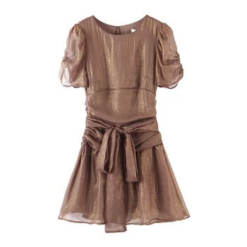 

Female Casual Thin Shiny Dress Waist Pleated With Belt Short Sleeve O Neck Above Knee Length Slim Dress 2020 Spring Dress New