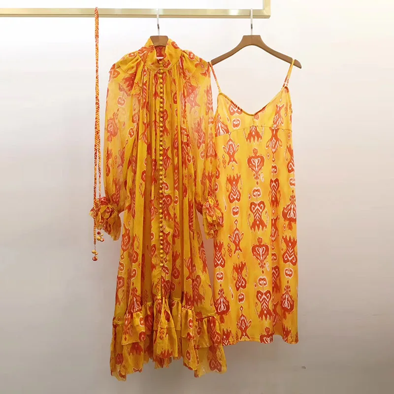 

Top Quality Natural Silk Dresses Women 2020 Spring Holiday Style Orange Long Lantern Sleeve Buttons Through Elegant Loose Dress
