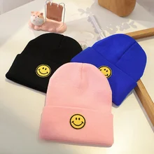 Осенняя детская теплая водолазка ярких цветов, модные шапки, Детские повседневные вязаные шерстяные шапки с вышитыми смайликами