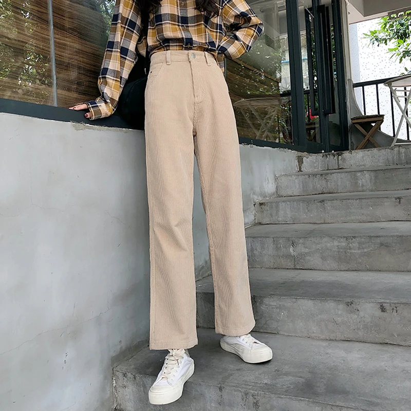 BGTEEVER Vintage High Waist Straight Pants Women Casual Winter Corduroy Pants Female Wide Leg Trousers Women pantalon femme - Цвет: beige