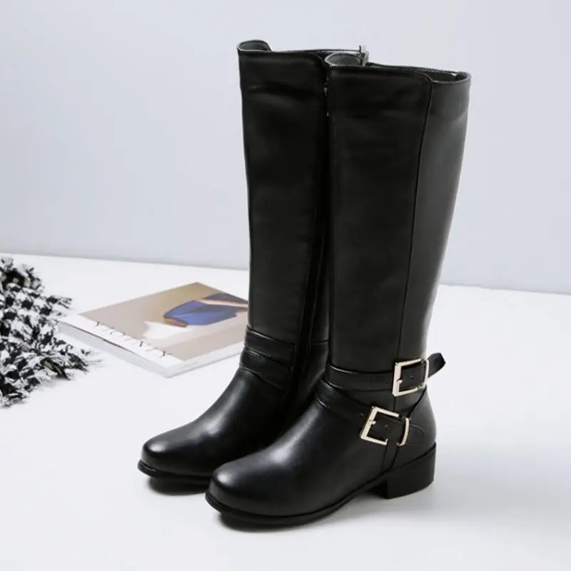 FITWEE Size 33-46 Pu Leather Knee High Boots Chunky Heels Buckle Zipper Long Boots Retro Winter Warm Shoes Woman Footwear