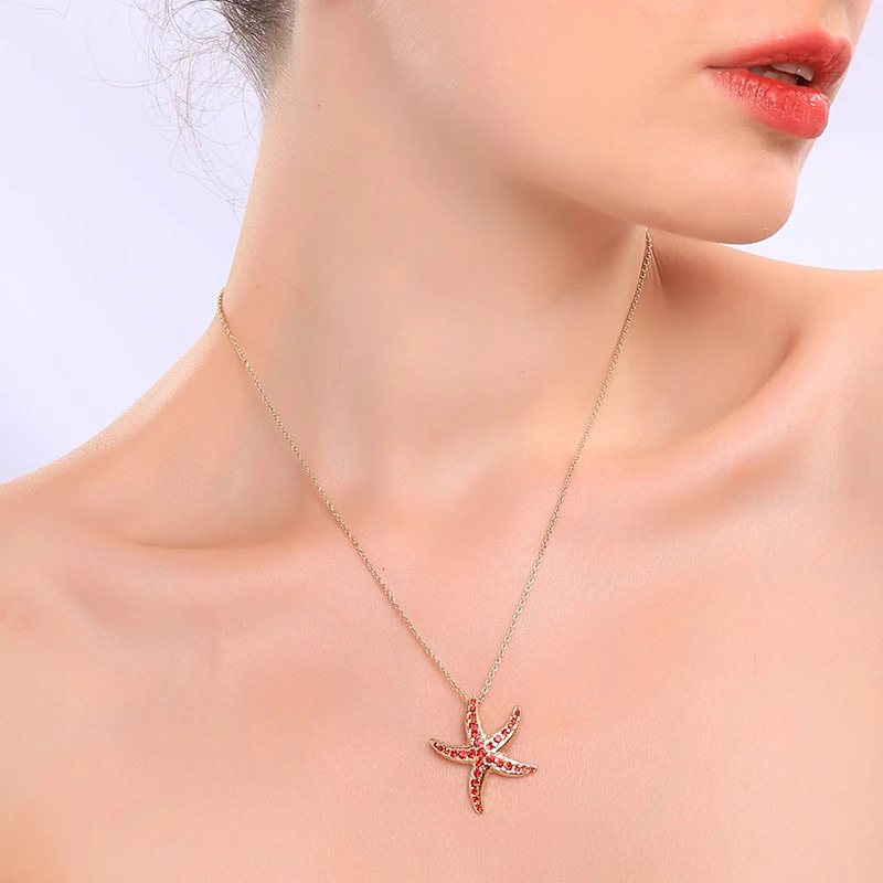 Bohemian Starfish Star Pendant Chain Necklace For Women Creative Red Blue Crystal Zircon Jewelry Fashion Beach Party Girl Gifts | Украшения
