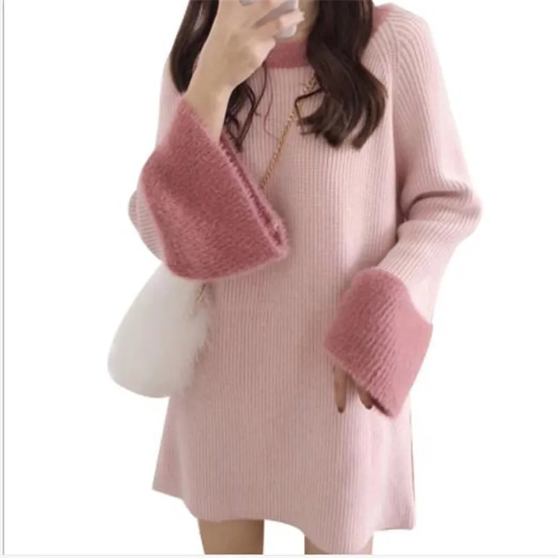 

Sweet Flare Sleeve Women Knitted Dress2019New O-Neck Women Sweater Pullovers Autumn Winter Loose Jumper Pull Femma Sweater H091