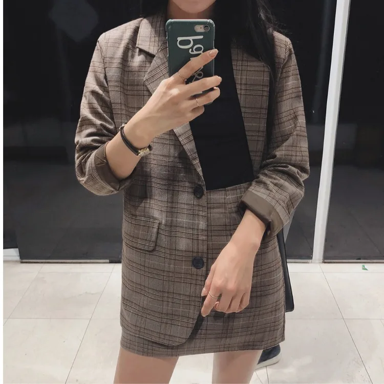 

2020 Retro Plaid Blazer Set Single-breasted Jacket & Pencil Skirt 2 Pieces Skirt Suit Female Office Ladies Blazer Suit