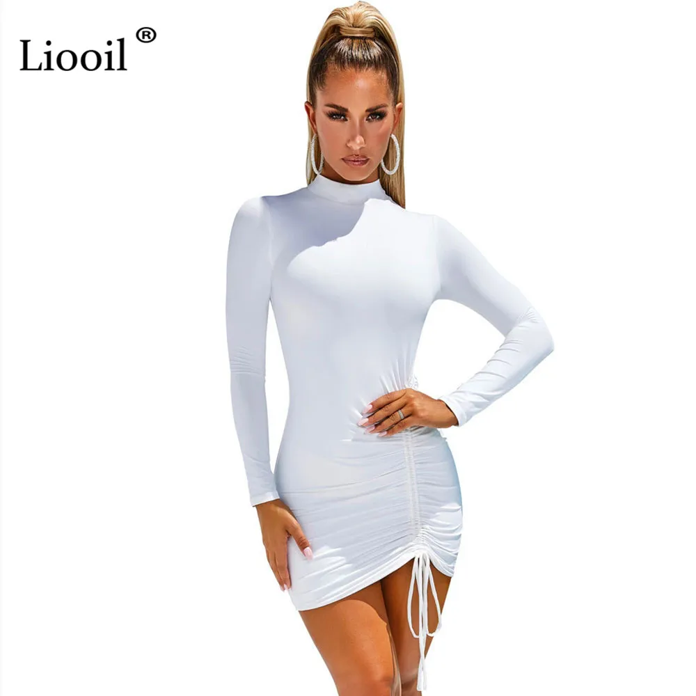 

Liooil Sexy Ruched Bodycon Mini Dress Women Clothes Fall 2020 Long Sleeve O Neck Lace Up Draped Tight Dresses Woman Party Night