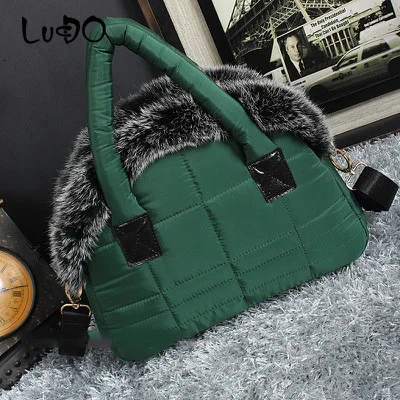 LUCDO Brand Luxury Handbag New Winter Woman Warm Space Cotton Shell Bags Designer Rabbit Fur Bag Ladies Jacket Shoulder Bag