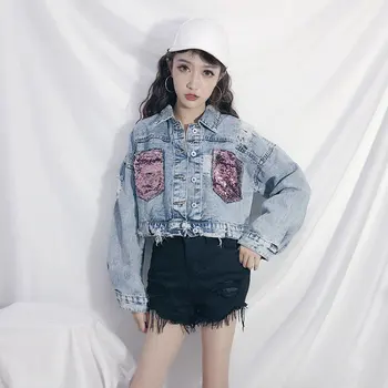 

New Women Pocket Sequins Jackets Hole Worn Long Sleeve Denim Jacket Short Coat Female Crop Top Clothing Autumn quality