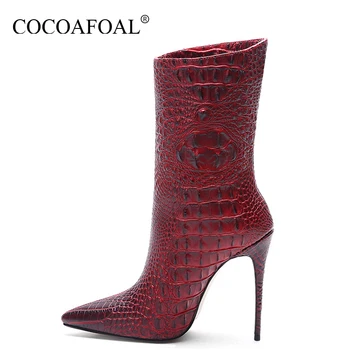 

COCOAFOAL Women's High Heel Ankle Boots Woman Snakeskin Pattern Martin Boots Crocodile Pattern Pointed Toe Winter Shoes Boots