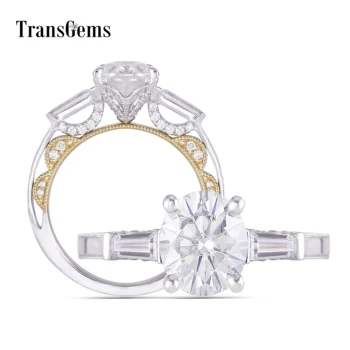 

Transgems 14k White and Yellow Gold Center 2ct 7*9mm F Color Oval Moissanite 3 Stone Engagement Ring for Women with Accents