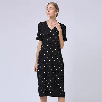 

Women's Clothing Dresses Christmas sexy pullover casual sweater black polka dot floral knit dress plus size loose 2019 autumn