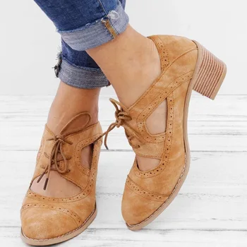 

Summer Vintage London Brogue Shoes Women Lace Up Sandal Chunky High Heels Cut-Outs Female Casual Footwear Plus Size 35-43