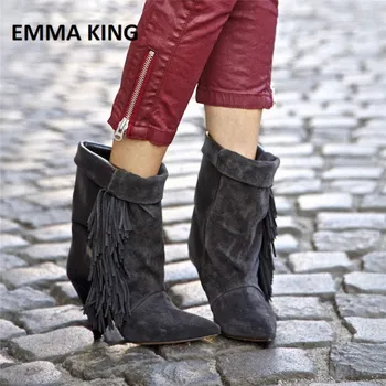 

Chic Black Grey Tassel Ankle Boots for Women Suede Autumn Winter Fringed Botas High Heel Boots Wedge Shoes Vintage Fringe Boots