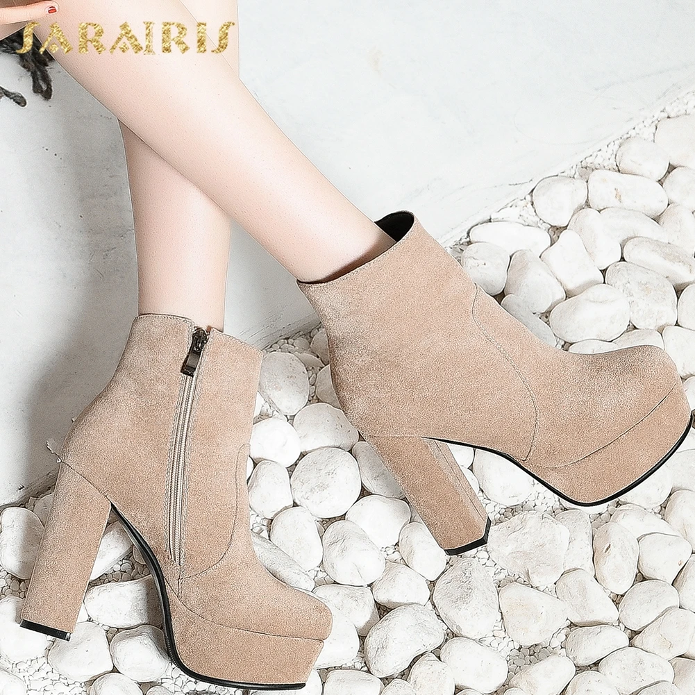 

Sarairis Top Quality Flock Platform Ankle Boots Woemn High Heels Platform Ankle Boots For Women Round Toe Autumn Winter Shoes