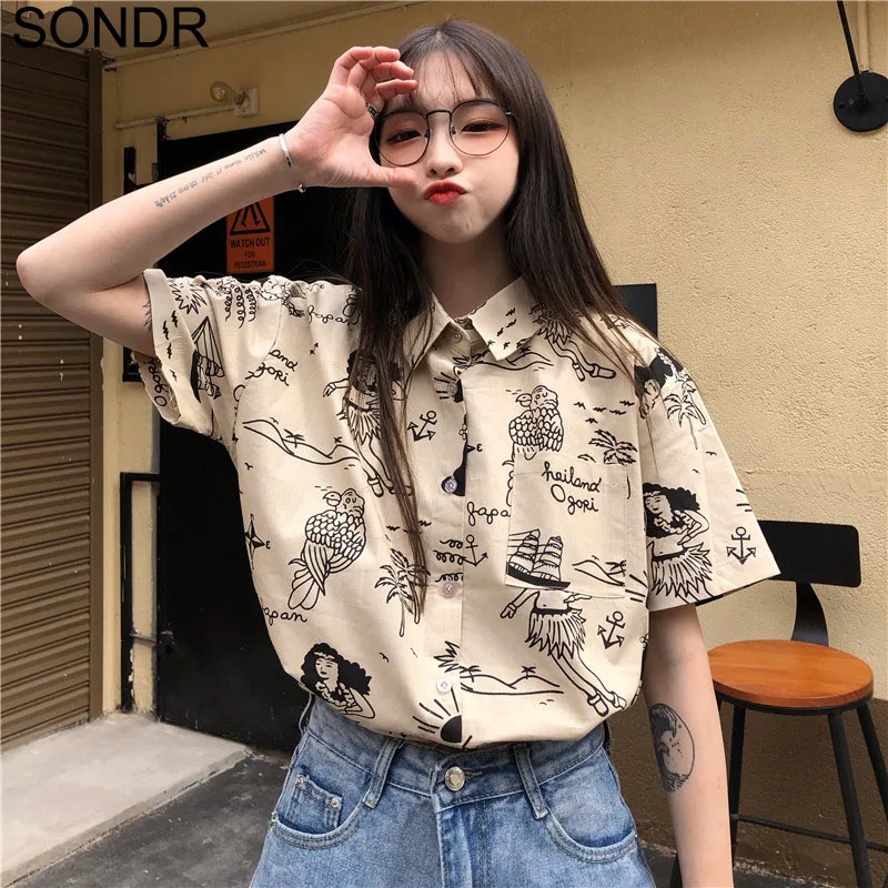 Vintage Printing Short Sleeve Shirt Women Top Summer 2021 New Sweet Girlish Style Loose All-Match Fashion Design Shirts Blouse | Женская