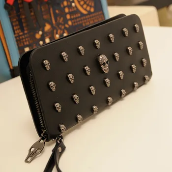 

New Fashion Women Lady Long Wallets Purse Female black punk style skull PU Leather Feminina for Coin Card Clutch Bag