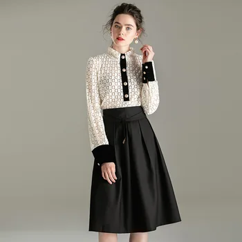 

Skirt Set Women's Fashion 2020 Spring Autumn New Pullover Long sleeve stand collar Top + Black Skirt Two Piece Set Female S-L