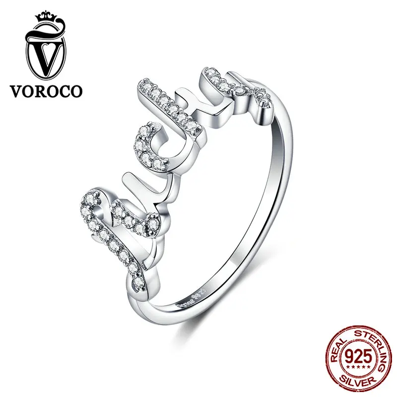 

VOROCO BNR092 Real 925 Sterling Silver Ring Zirconia Lucky Ring For Women Glitter Fine Jewelry Simple & Trendy OL Casual Style