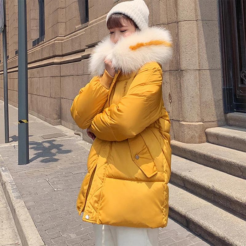 Утолщенный пуховик большого размера с капюшоном, женские зимние корейские повседневные меховые однотонные парки на молнии, Офисная женская уличная одежда, женский пуховик