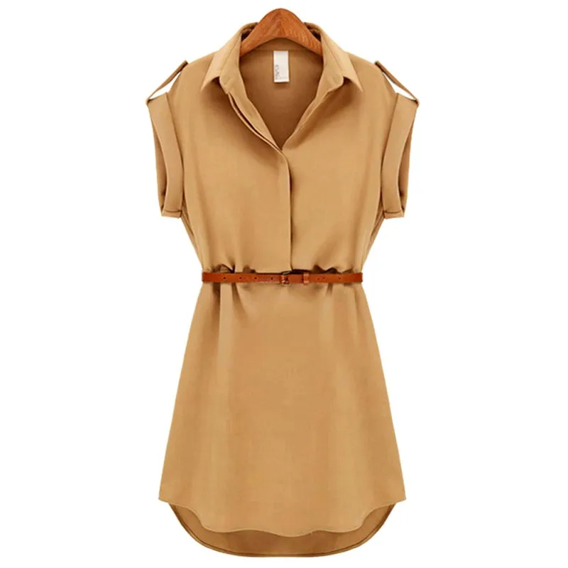 

Summer Women Dress Casual Short Sleeve Stretch Chiffon OL Belt Mini Dresses Vestidos for Female