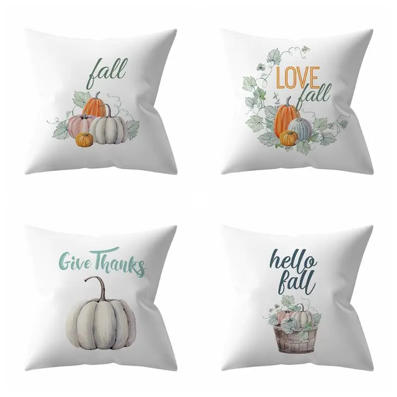 4PCs Throw Pillow Happy Fall Yall Pumpkin Halloween Thanksgiving Decoration Cotton Blend Cushion Cover
