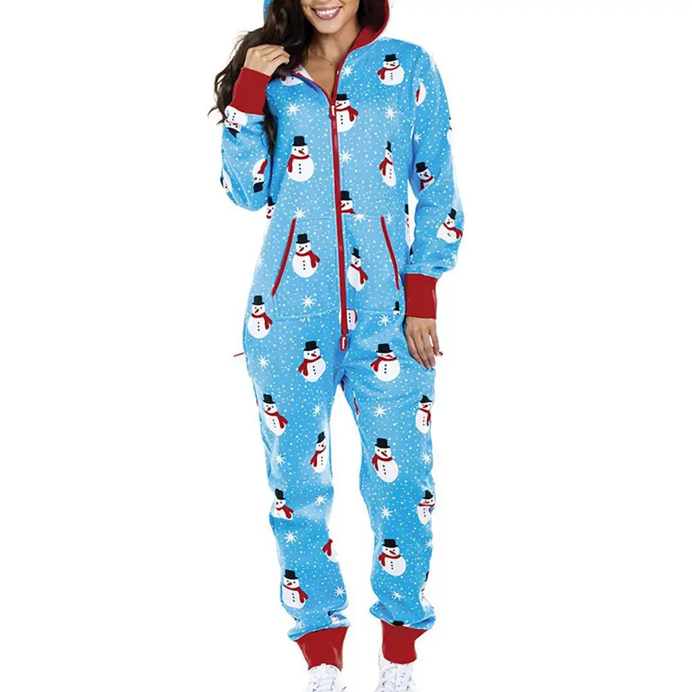 Для женщин фланель леди Рождественская Пижама комплект Санта-Клауса, одежда для сна на Рождество с капюшоном и застежкой-молнией комбинезон для сна Одна Деталь пижамы - Цвет: Синий