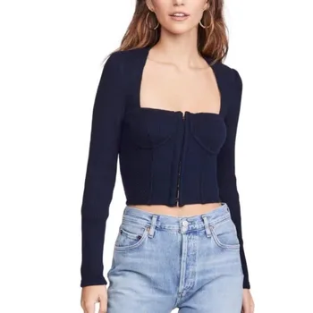 

DEAT 2020 New Spring Square Collar Solid Color Wrapped Chest Sweater Women Streetwear Slim Wild Short Knit Tops Tide PD679