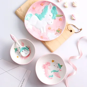 

Ceative Unicorn Cartoon Tableware Set Plate Bowls Spoon Set Cute Plate and bowls for Children's Gift Boys' and Girls' Present