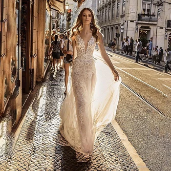 

Wedding Dresses 2020 Sexy V Neck Split Backless Boho Wedding dress Lace appliques Tulle Beach Bridal Gowns robe de mariee
