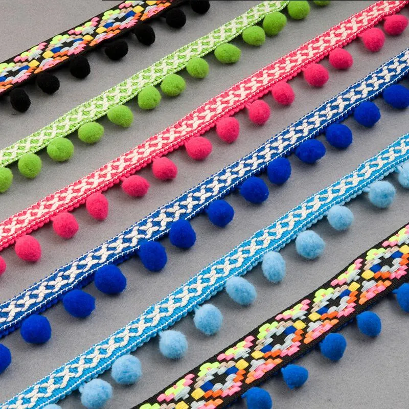

1m Pom Pom Trim Ball Tassel Ethnic Lace Ribbon Pompom Trim Fringe Fabric DIY Sewing Garment Shoes Bag Curtain Crafts Accessories