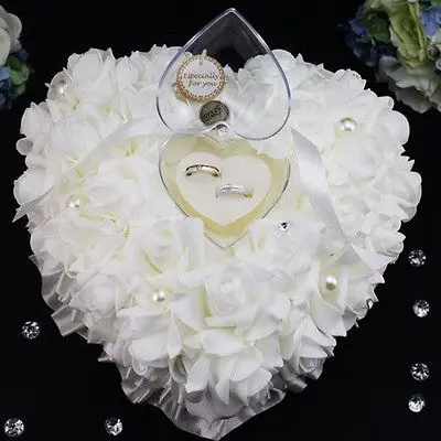 Ring bearer pillow romantic wedding ivory satin crystal heart shape for engagement propose marriage decor