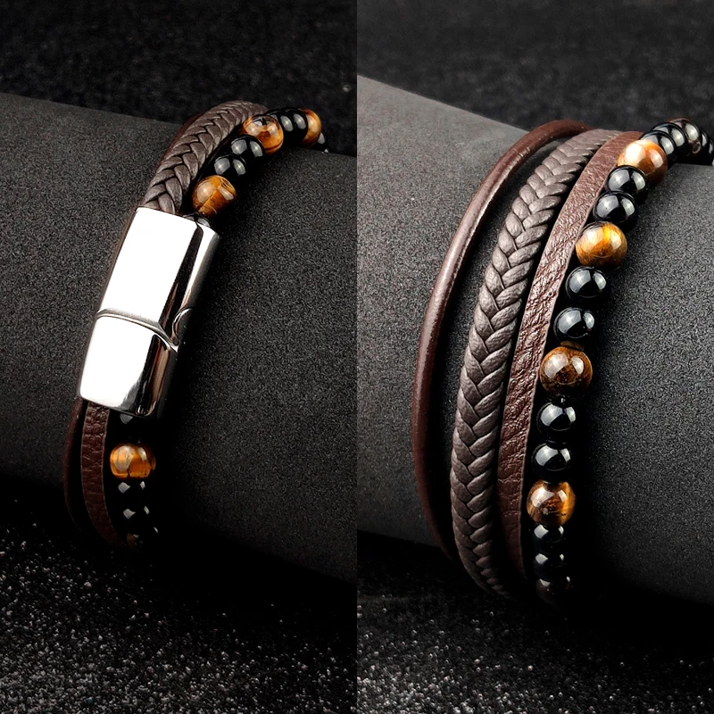 4Pcs/ Set Braided Wrap Leather Bracelets for Men VintageTiger eyes stone Charm stainless steel men Beads Ethnic Tribal Wristband