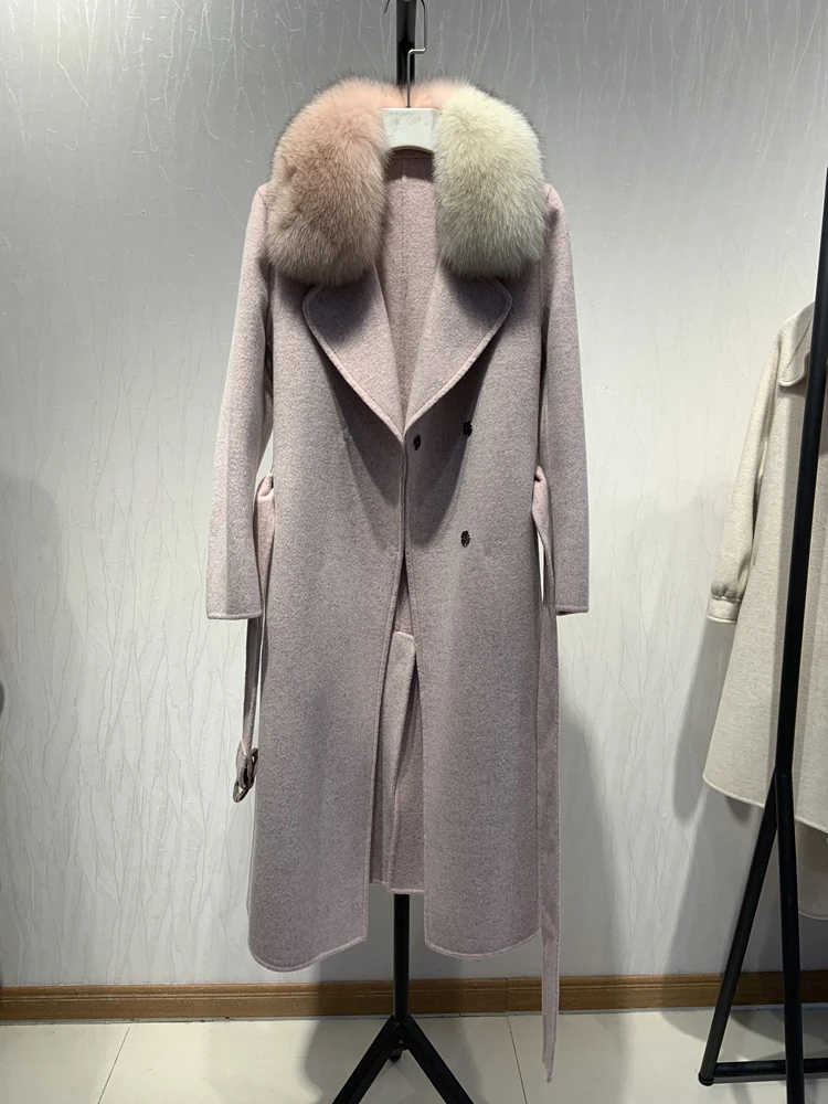 pink OFTBUY новое пальто из натурального меха лисы меховой воротник зимняя куртка женская Шерстяная Смесь тонкая Длинная Верхняя одежда с поясом женская уличная - Цвет: pink